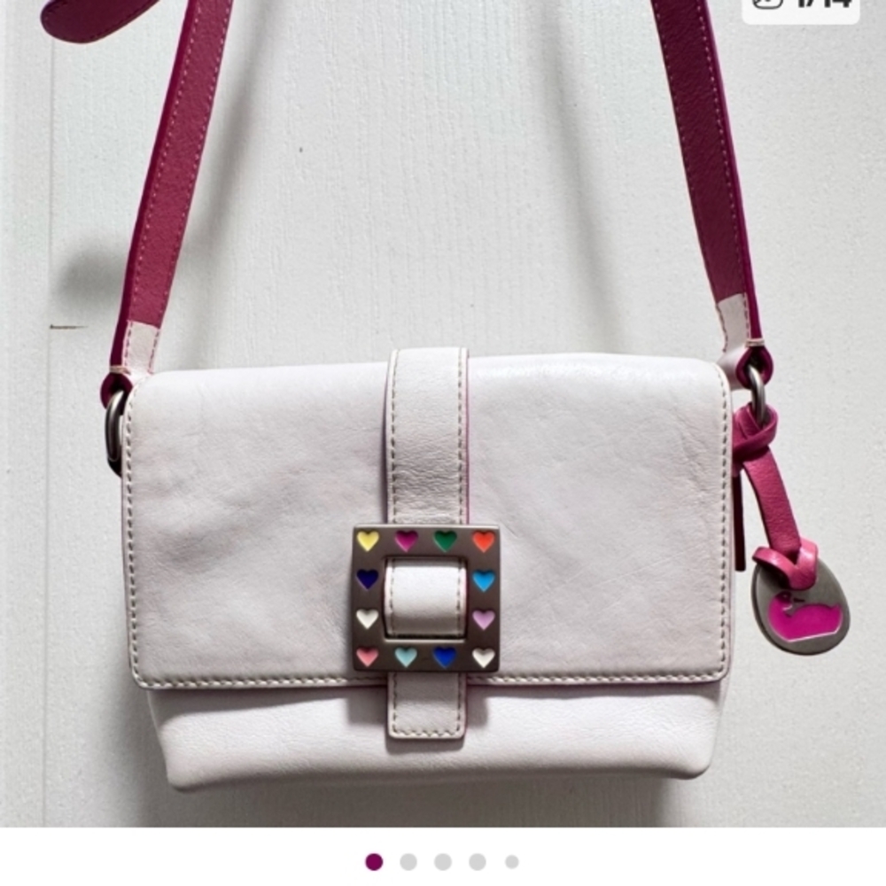 Dooney & Bourke Leather Small Stylish Retro Y2K White Pink Silver Crossbody Bag